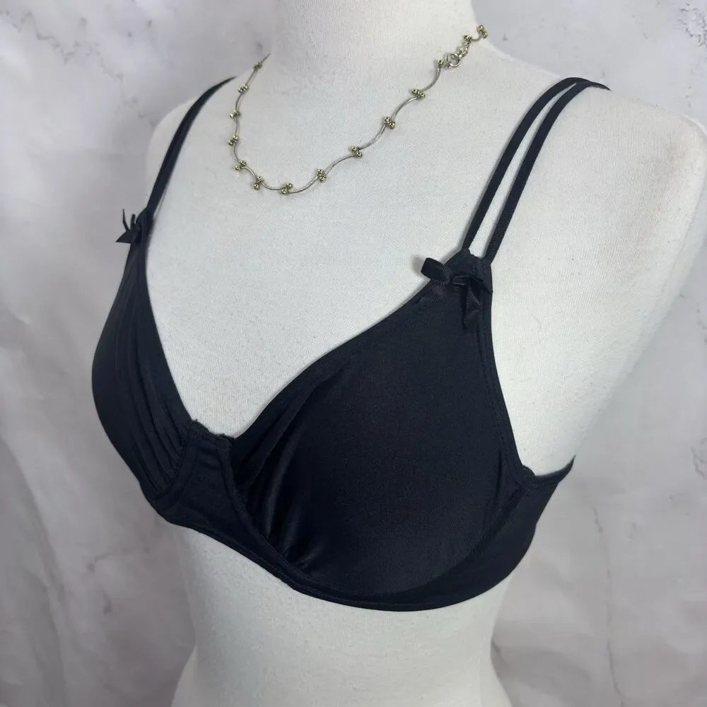 Vintage 90s  Lily of France Lace Plunge Bra 36B Black Lingerie Underwire Unlined